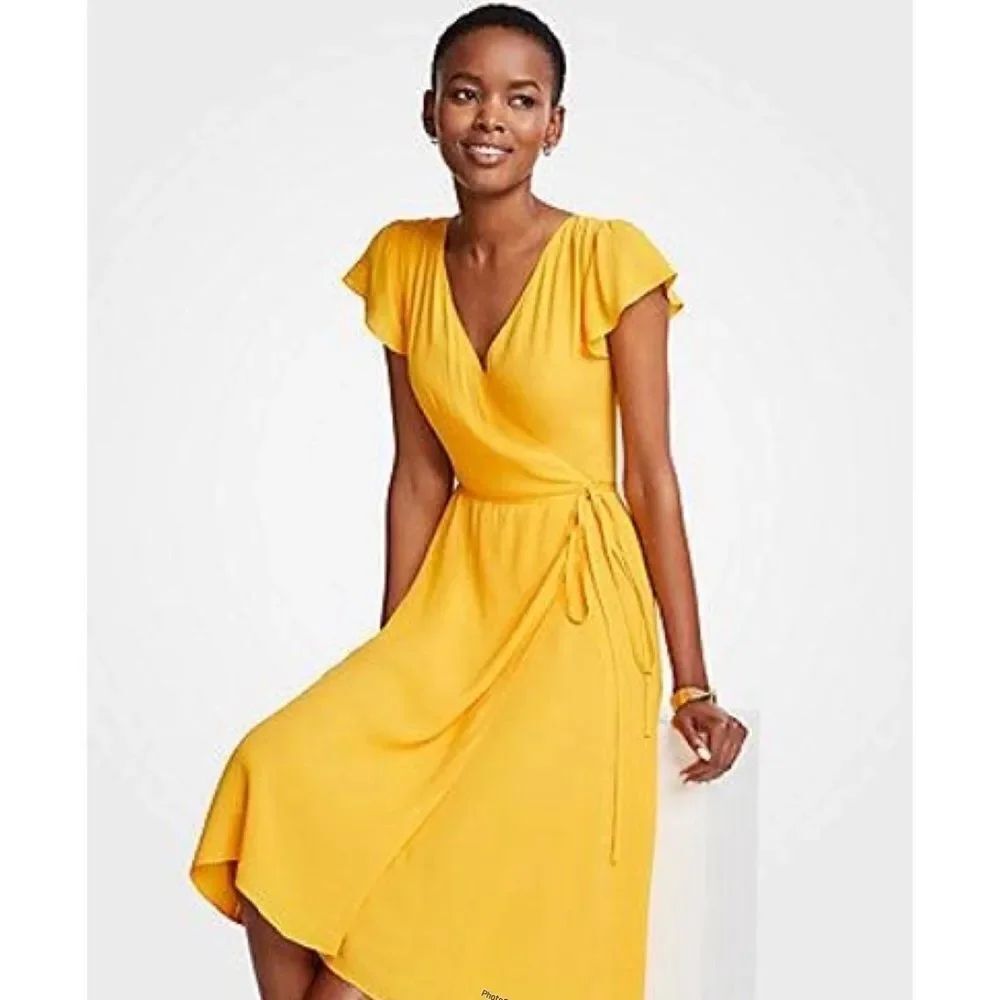 Ann Taylor Yellow Marigold Ruffle Wrap Midi Dress